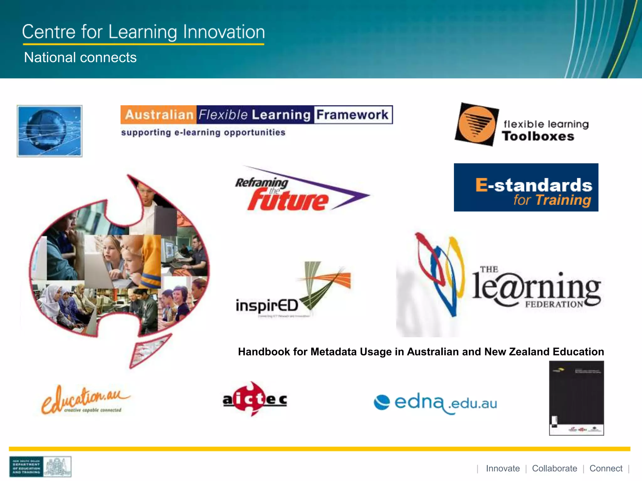 National connects




                    Handbook for Metadata Usage in Australian and New Zealand Education




                                                               | Innovate | Collaborate | Connect |
 