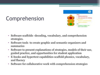 A child weak in comprehension strategies -guided to ask and answer questions, create concept maps, or check his or her own understanding while reading on-screen text