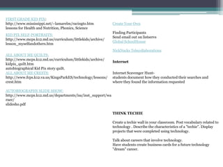 able to print out clap-routines to share, publish their clap-routines to a Say Say Oh Playmate website and download clap-routines  Technologies to Support WritingWord Processing-allows many students to write and edit their work more easily-improve the quality -promotes collaborative writingDesktop Publishing -students learn to format text, plan layout , insert charts and graphics, and produce a professional-looking final copyMultimedia Composing- insert images, sounds, and video-self-expression -support for reading and writing skills.Online Publishing-motivate student writing-  Class web pages display student assignments and extracurricular writing.  The Collaboratory Projectonline magazines and educational organizations -The Young Writers Club, and International Kids' Space. The World of Reading -book reviews from childrenInternet-Based Communication-electronic mail (e-mail), electronic bulletin boards, and e-mail lists- with peers, adults, or experts-online penpals (e-pals or keypals). ePalsInteractives