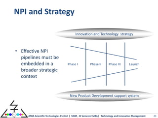 NPI and Strategy

                                             Innovation and Technology strategy



• Effective NPI
  pipelines must be
  embedded in a                       Phase I            Phase II        Phase III         Launch
  broader strategic
  context


                                        New Product Development support system




     ATOA Scientific Technologies Pvt Ltd | SIBM , III Semester MBA| Technology and Innovation Management   23
 