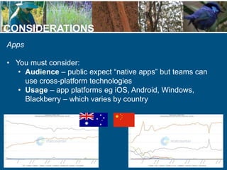 CONSIDERATIONS
Apps
• You must consider:
• Audience – public expect “native apps” but teams can
use cross-platform technol...