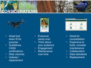 CONSIDERATIONS
• Great tool
when fit for
purpose
• Guidelines,
CASA
certifications
• Data volumes
• Upkeep /
replacement
•...