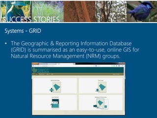 SUCCESS STORIES
Systems - GRID
• The Geographic & Reporting Information Database
(GRID) is summarised as an easy-to-use, o...