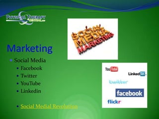 Marketing	Social MediaFacebookTwitterYouTubeLinkedinSocial Medial Revolution