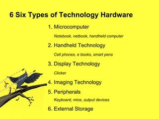 6 Six Types of Technology Hardware
1. Microcomputer
Notebook, netbook, handheld computer
2. Handheld Technology
Cell phones, e books, smart pens
3. Display Technology
Clicker
4. Imaging Technology
5. Peripherals
Keyboard, mice, output devices
6. External Storage
 