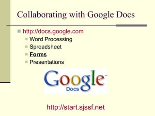 Collaborating with Google Docs http://docs.google.com Word Processing Spreadsheet Forms Presentations http:// start.sjssf.net 