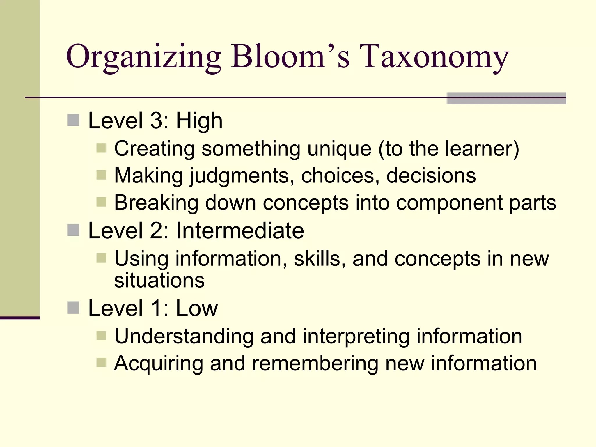 Organizing Bloom’s Taxonomy Level 3: High Creating something unique (to the learner) Making judgments, choices, decisions Breaking down concepts into component parts Level 2: Intermediate Using information, skills, and concepts in new situations Level 1: Low Understanding and interpreting information Acquiring and remembering new information 