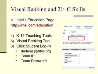 Visual Ranking and 21 st  C Skills Intel’s Education Page http://intel.com/education K-12 Teaching Tools Visual Ranking Tool Click Student Log-In [email_address] Team ID Team Password 