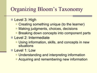 Organizing Bloom’s Taxonomy Level 3: High Creating something unique (to the learner) Making judgments, choices, decisions Breaking down concepts into component parts Level 2: Intermediate Using information, skills, and concepts in new situations Level 1: Low Understanding and interpreting information Acquiring and remembering new information 