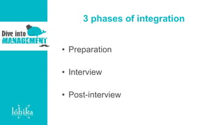 3 phases of integration
• Preparation
• Interview
• Post-interview
 