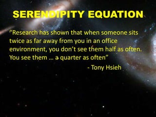 SERENDIPITY EQUATION
“Research has shown that when someone sits
twice as far away from you in an office
environment, you don’t see them half as often.
You see them … a quarter as often”
- Tony Hsieh
 