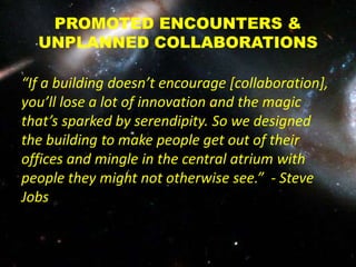 PROMOTED ENCOUNTERS &
UNPLANNED COLLABORATIONS
“If a building doesn’t encourage [collaboration],
you’ll lose a lot of innovation and the magic
that’s sparked by serendipity. So we designed
the building to make people get out of their
offices and mingle in the central atrium with
people they might not otherwise see.” - Steve
Jobs
 