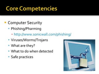 Computer Security Phishing/Pharming http://www.sonicwall.com/phishing/ Viruses/Worms/Trojans What are they? What to do when detected Safe practices 