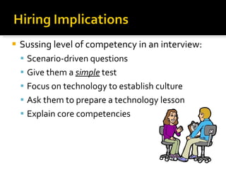 Sussing level of competency in an interview: Scenario-driven questions Give them a  simple  test Focus on technology to establish culture Ask them to prepare a technology lesson Explain core competencies 