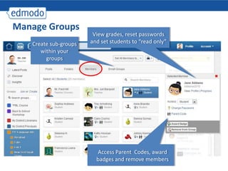 Manage Groups
                        View grades, reset passwords
   Create sub-groups   and set students to “read only”
      within your
        groups




                         Access Parent Codes, award
                         badges and remove members
 
