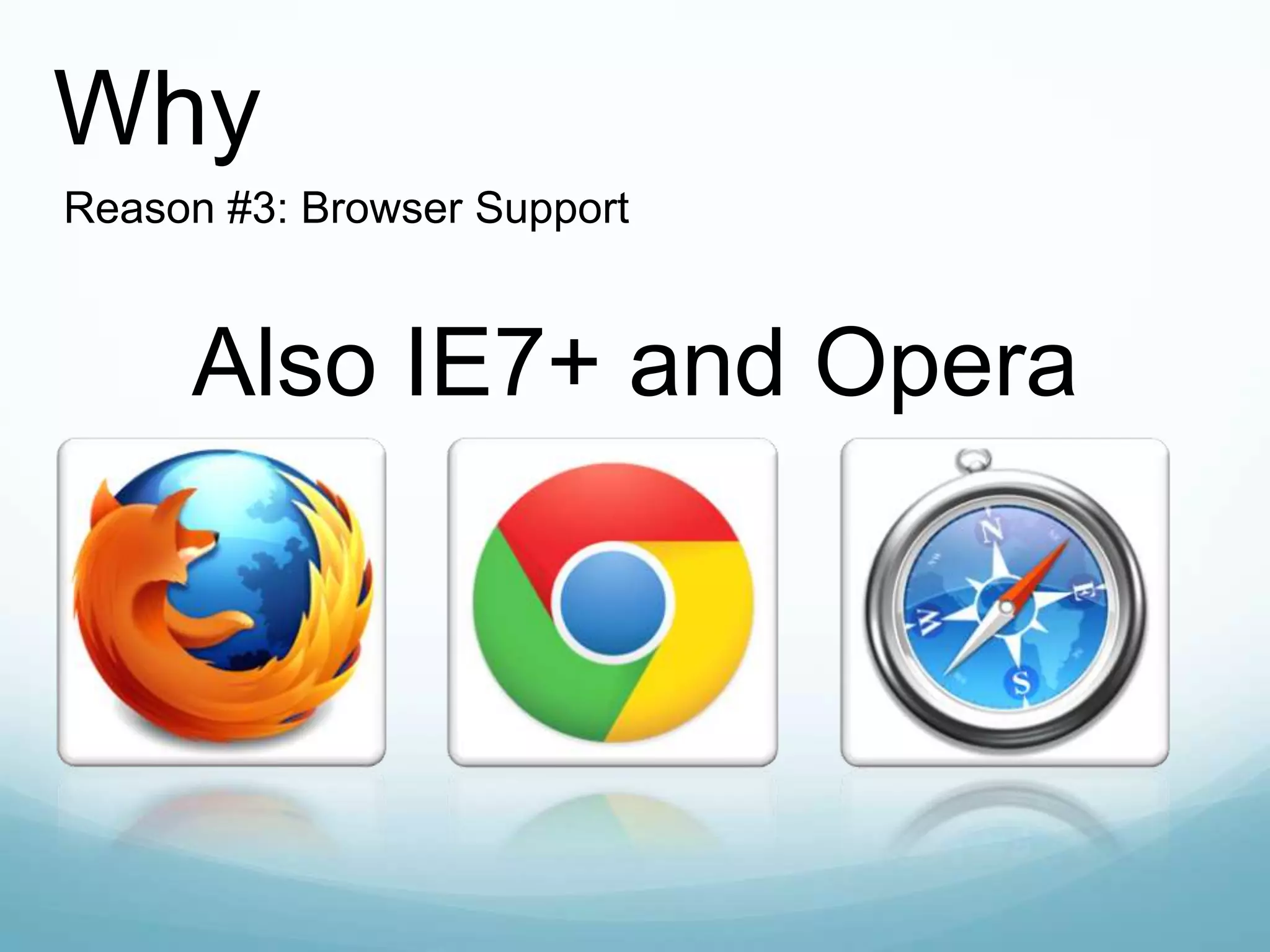 Also IE7+ and Opera
Why
Reason #3: Browser Support
 