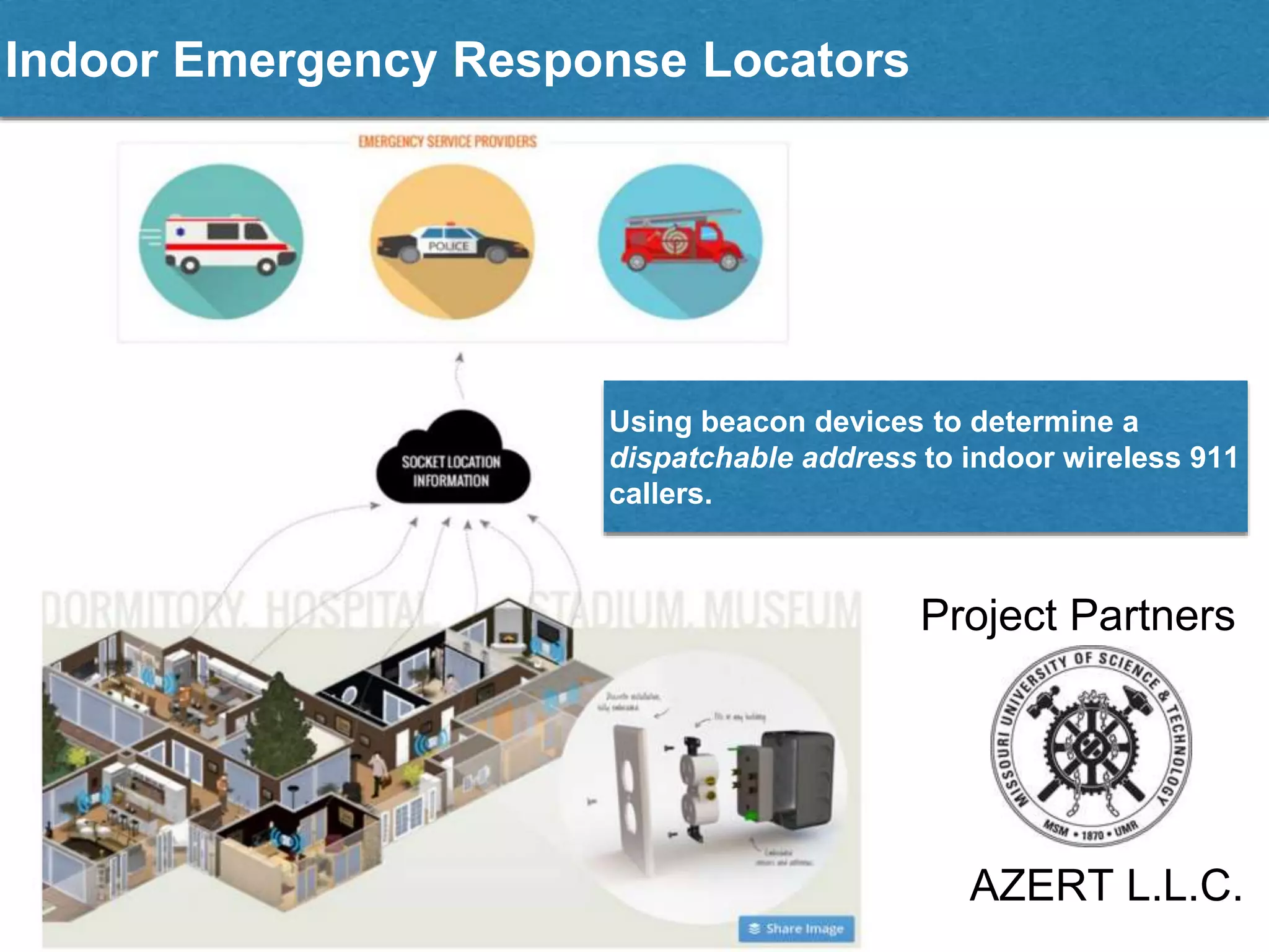 Using beacon devices to determine a
dispatchable address to indoor wireless 911
callers.
AZERT L.L.C.
Indoor Emergency Response Locators
Project Partners
 