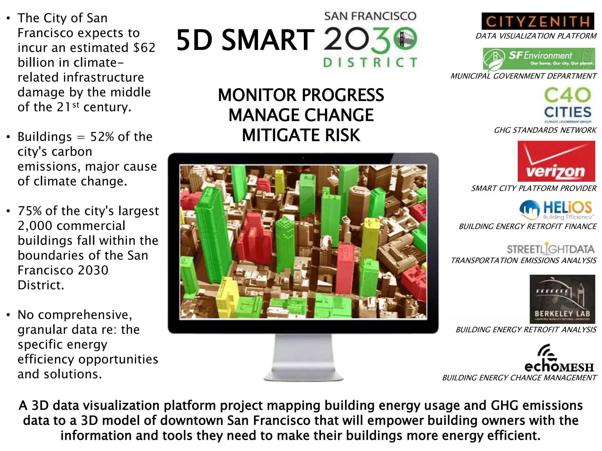 DATA VISUALIZATION PLATFORM
MUNICIPAL GOVERNMENT DEPARTMENT
GHG STANDARDS NETWORK
SMART CITY PLATFORM PROVIDER
BUILDING ENERGY RETROFIT FINANCE
TRANSPORTATION EMISSIONS ANALYSIS
BUILDING ENERGY RETROFIT ANALYSIS
BUILDING ENERGY CHANGE MANAGEMENT
5D SMART
A 3D data visualization platform project mapping building energy usage and GHG emissions
data to a 3D model of downtown San Francisco that will empower building owners with the
information and tools they need to make their buildings more energy efficient.
• The City of San
Francisco expects to
incur an estimated $62
billion in climate-
related infrastructure
damage by the middle
of the 21st century.
• Buildings = 52% of the
city's carbon
emissions, major cause
of climate change.
• 75% of the city's largest
2,000 commercial
buildings fall within the
boundaries of the San
Francisco 2030
District.
• No comprehensive,
granular data re: the
specific energy
efficiency opportunities
and solutions.
MONITOR PROGRESS
MANAGE CHANGE
MITIGATE RISK
 