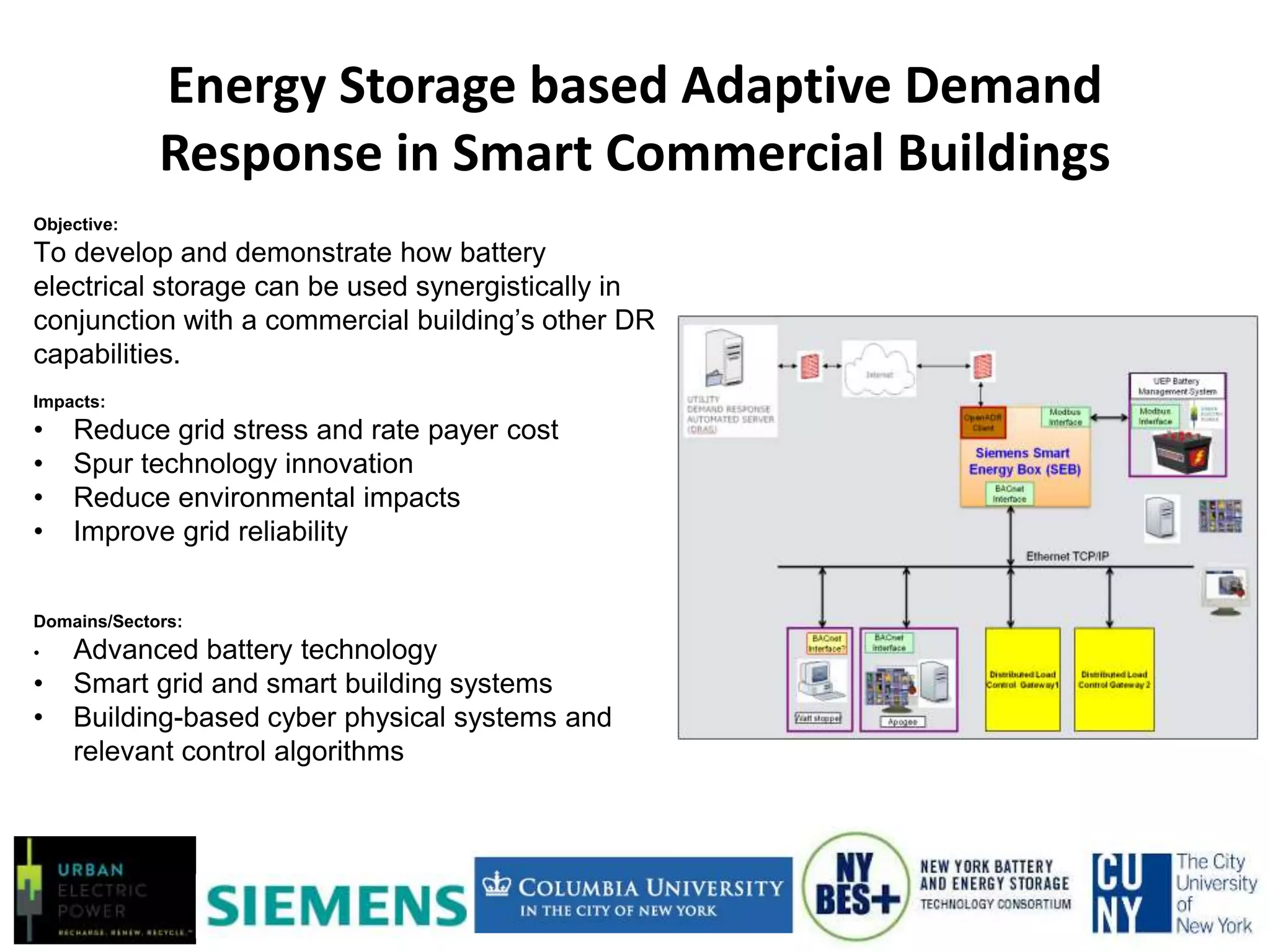Energy Storage based Adaptive Demand
Response in Smart Commercial Buildings
Objective:
To develop and demonstrate how battery
electrical storage can be used synergistically in
conjunction with a commercial building’s other DR
capabilities.
Impacts:
• Reduce grid stress and rate payer cost
• Spur technology innovation
• Reduce environmental impacts
• Improve grid reliability
Domains/Sectors:
• Advanced battery technology
• Smart grid and smart building systems
• Building-based cyber physical systems and
relevant control algorithms
 