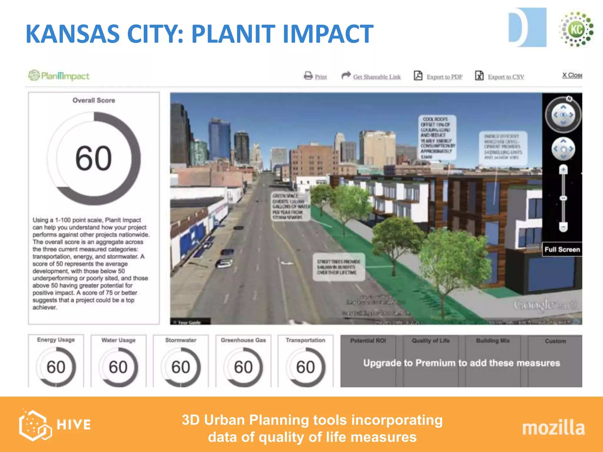 KANSAS CITY: PLANIT IMPACT
3D Urban Planning tools incorporating
data of quality of life measures
 