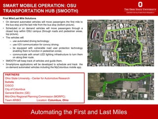 PRESENTATION TITLE GOES
HERE
SMART MOBILE OPERATION: OSU
TRANSPORTATION HUB (SMOOTH)
Automating the First and the Last Miles
Automating the First and Last Miles
First Mile/Last Mile Solutions
• On demand automated vehicles will move passengers the first mile to
the bus stop and the last mile from the bus stop (bottom picture).
• Scheduled or on demand vehicles will move passengers through a
closed loop within OSU campus (through roads and pedestrian areas,
top picture).
• The vehicles will:
– use automated driving technology;
– use V2V communication for convoy driving;
– be equipped with vulnerable road user protection technology
enabling them to function in pedestrian zones;
– communicate with smart LED lighting infrastructure to turn them
on along their route.
• SMOOTH will keep track of vehicles and guide them.
• Smartphone applications will be developed to schedule and track the
on-demand automated vehicles including the MyColumbus mobile app.
PARTNERS
Ohio State University - Center for Automotive Research
Battelle
CISCO
City of Columbus
General Electric (GE)
Mid-Ohio Regional Planning Commission (MORPC)
Team ARIBO Location: Columbus, Ohio
 