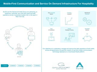 Our objective is to understand, manage and improve the daily operations of both hotels,
across all departments, through the creation of real time mobile communication
technology deployed as a cloud-based SaaS platform.
Mobile-First Communication and Service On Demand Infrastructure For Hospitality
ALICE and the Gansevoort Hotel Group are partnering to
systemize, automate, and unify their guest and staff
operations across 2 properties located over a mile apart in
New York City.
 