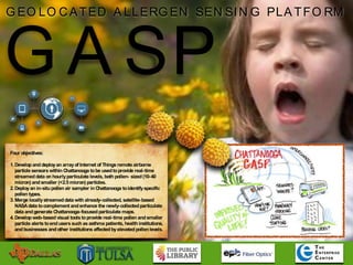 G EO LO CATED A LLERG EN SEN SIN G PLA TFO RM
G A SP
Four objectives:
1.Develop anddeployan arrayof Internet of Things remote airborne
particle sensors within Chattanooga tobe used toprovide real-time
streamed data on hourlyparticulate levels, both pollen- sized (10-40
micron) andsmaller (<2.5 micron) particles.
2.Deployan in-situ pollen air sampler in Chattanooga toidentifyspecific
pollen types.
3.Merge locallystreamed data with already-collected, satellite-based
NASAdata tocomplement andenhance the newly-collectedparticulate
data andgenerate Chattanooga-focused particulate maps.
4.Develop web-based visual tools toprovide real-time pollen andsmaller
particle alerts toendusers such as asthma patients, health institutions,
andbusinesses andother institutions affected byelevated pollen levels.
 