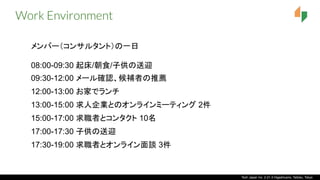 Tech Japan Inc. 2-21-3 Higashiueno, Taitoku, Tokyo
Work Environment
メンバー（コンサルタント）の一日
08:00-09:30 起床/朝食/子供の送迎
09:30-12:00 メ...
