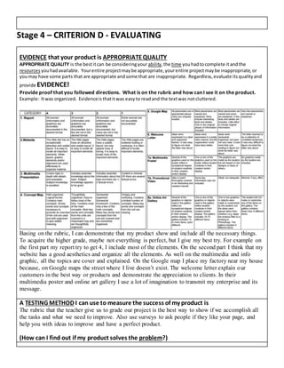 Stage 4 – CRITERION D - EVALUATING
EVIDENCE that your product is APPROPRIATEQUALITY
APPROPRIATE QUALITY is the bestitcan be consideringyour ability,the time youhadtocomplete it andthe
resources youhadavailable. Yourentire projectmaybe appropriate,yourentire projectmaybe inappropriate,or
youmay have some parts that are appropriate andsome that are inappropriate. Regardless,evaluate itsqualityand
provide EVIDENCE!
Provide proof that you followed directions. What is on the rubric and how can I see it on the product.
Example: Itwas organized. Evidenceisthatitwas easyto readand the textwas notcluttered.
Basing on the rubric, I can demonstrate that my product show and include all the necessary things.
To acquire the higher grade, maybe not everything is perfect, but I give my best try. For example on
the first part my report try to get 4, I include most of the elements. On the second part I think that my
website has a good aesthetics and organize all the elements. As well on the multimedia and info
graphic, all the topics are cover and explained. On the Google map I place my factory near my house
because, on Google maps the street where I live doesn’t exist. The welcome letter explain our
customers in the best way or products and demonstrate the appreciation to clients. In their
multimedia poster and online art gallery I use a lot of imagination to transmit my enterprise and its
message.
A TESTING METHOD I can use to measure the success of my product is
The rubric that the teacher give us to grade our project is the best way to show if we accomplish all
the tasks and what we need to improve. Also use surveys to ask people if they like your page, and
help you with ideas to improve and have a perfect product.
(How can I find out if my product solves the problem?)
 