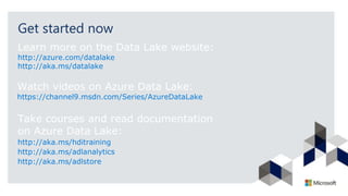 Get started now
Learn more on the Data Lake website:
http://azure.com/datalake
http://aka.ms/datalake
Watch videos on Azure Data Lake:
https://channel9.msdn.com/Series/AzureDataLake
Take courses and read documentation
on Azure Data Lake:
http://aka.ms/hditraining
http://aka.ms/adlanalytics
http://aka.ms/adlstore
 