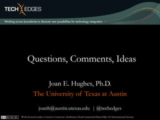 Questions, Comments, Ideas
joanh@austin.utexas.edu | @techedges
Joan E. Hughes, Ph.D.
The University of Texas at Austin
Wo...