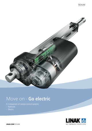 Move on - Go electric
A Comparison of motion control systems:
-	Hydraulic
-	Electric
LINAK.COM/TECHLINE
 