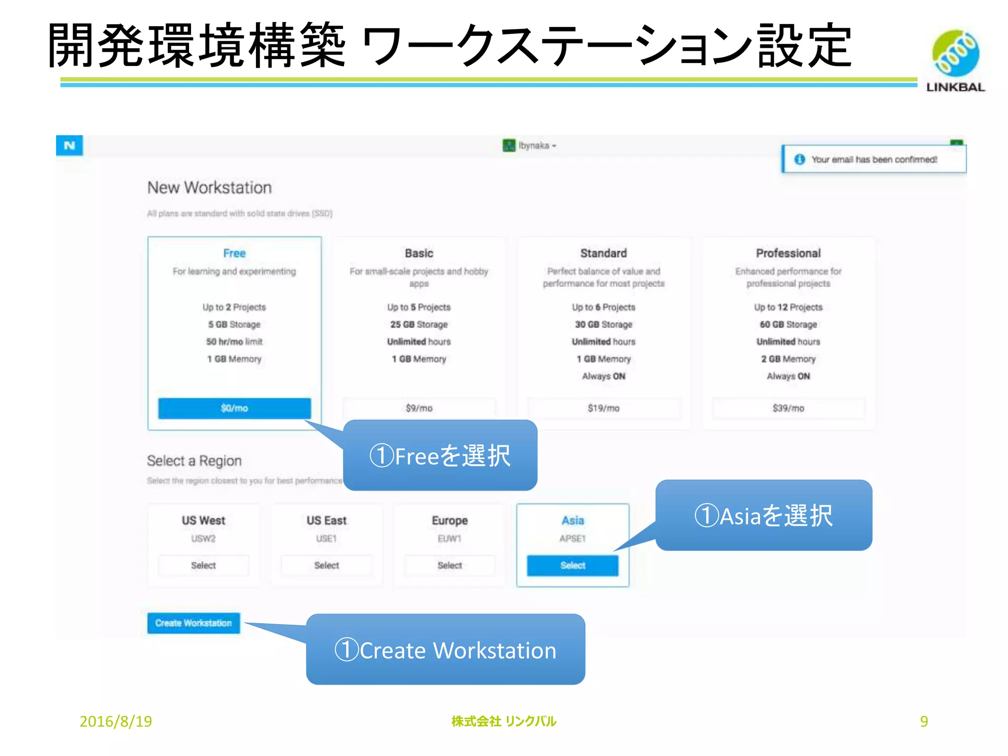 開発環境構築 ワークステーション設定
2016/8/19 株式会社 リンクバル 9
①Freeを選択
①Asiaを選択
①Create Workstation
 
