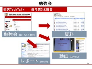 勉強会
楽天TechTalk　　毎月第3水曜日




勉強会 40～50人参加            資料



                      動画 100views
      レポート 80views                  45
 