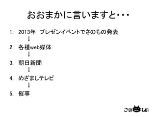 おおまかに言いますと・・・	
1.  2013年　プレゼンイベントでさのもの発表 
　　↓	
2.  各種web媒体 
　　↓	
3.  朝日新聞 
　　↓	
4.  めざましテレビ 
　　↓	
5.  催事	
 