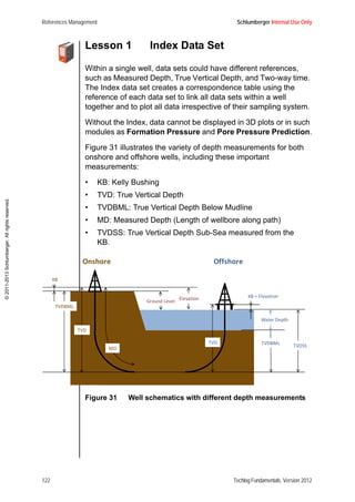 References Management Schlumberger Internal Use Only
122 Techlog Fundamentals, Version 2012
©2011-2013Schlumberger.Allrightsreserved.
Lesson 1 Index Data Set
Within a single well, data sets could have different references,
such as Measured Depth, True Vertical Depth, and Two-way time.
The Index data set creates a correspondence table using the
reference of each data set to link all data sets within a well
together and to plot all data irrespective of their sampling system.
Without the Index, data cannot be displayed in 3D plots or in such
modules as Formation Pressure and Pore Pressure Prediction.
Figure 31 illustrates the variety of depth measurements for both
onshore and offshore wells, including these important
measurements:
• KB: Kelly Bushing
• TVD: True Vertical Depth
• TVDBML: True Vertical Depth Below Mudline
• MD: Measured Depth (Length of wellbore along path)
• TVDSS: True Vertical Depth Sub-Sea measured from the
KB.
Figure 31 Well schematics with different depth measurements
TVDBML TVDSS
Water Depth
Ground Level
TVD
KB
KB
TVD
TVDBML
Elevation = Elevation
Onshore Offshore
MD
 