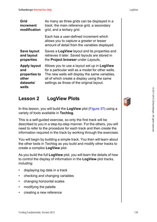 Schlumberger Internal Use Only LogView
Techlog Fundamentals, Version 2012 139
©2011-2013Schlumberger.Allrightsreserved.
Lesson 2 LogView Plots
In this lesson, you will build the LogView plot (Figure 37) using a
variety of tools available in Techlog.
This is a self-guided exercise, so only the first track will be
described to you in a step-by-step manner. For the others, you will
need to refer to the procedure for each track and then create the
information required in the track by working through the exercises.
You will begin by building a simple track. You then will learn about
the other tools in Techlog as you build and modify other tracks to
create a complex LogView plot.
As you build the full LogView plot, you will learn the details of how
to control the display of information in the LogView plot tracks,
including:
• displaying log data in a track
• checking and changing variables
• changing horizontal scales
• modifying the palette
• creating a new reference
Grid
increment
modification
As many as three grids can be displayed in a
track: the main reference grid, a secondary
grid, and a tertiary grid.
Each has a user-defined increment which
allows you to capture a greater or lesser
amount of detail from the variables displayed.
Save layout
and layout
properties
Saves a LogView layout and its properties and
retrieves it later. Saved layouts are stored in
the Project browser under Layouts.
Apply layout
and
properties to
other
datasets/
wells
Allows you to use a layout set up in LogView
for a particular well as a model for other wells.
The new wells will display the same variables,
all of which create a display using the same
settings as those of the original layout.
 