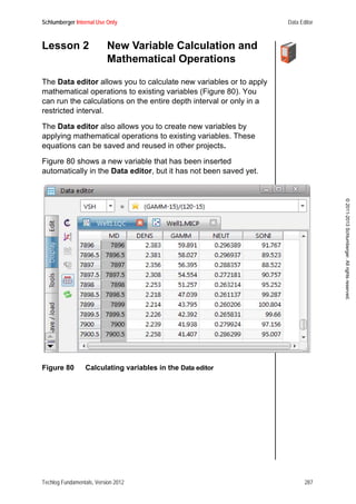 Schlumberger Internal Use Only Data Editor
Techlog Fundamentals, Version 2012 287
©2011-2013Schlumberger.Allrightsreserved.
Lesson 2 New Variable Calculation and
Mathematical Operations
The Data editor allows you to calculate new variables or to apply
mathematical operations to existing variables (Figure 80). You
can run the calculations on the entire depth interval or only in a
restricted interval.
The Data editor also allows you to create new variables by
applying mathematical operations to existing variables. These
equations can be saved and reused in other projects.
Figure 80 shows a new variable that has been inserted
automatically in the Data editor, but it has not been saved yet.
Figure 80 Calculating variables in the Data editor
 