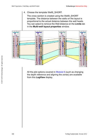 Well Trajectories, Field Map, and Well Predict Schlumberger Internal Use Only
308 Techlog Fundamentals, Version 2012
©2011-2013Schlumberger.Allrightsreserved.
4. Choose the template Well9_SHORT.
The cross section is created using the Well9_SHORT
template. The distance between the wells on the layout is
proportional to the actual distance between the well heads.
You can select to remove the Well distance on the Limits tab
in the Multi-well layout properties window.
All the plot options covered in Module 6 (such as changing
the depth reference and aligning the zones) are available
from this LogView display.
 