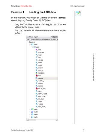 Schlumberger Internal Use Only Data Import and Export
Techlog Fundamentals, Version 2012 79
©2011-2013Schlumberger.Allrightsreserved.
Exercise 1 Loading the LQC data
In this exercise, you import an .xml file created in Techlog
containing Log Quality Control (LQC) data.
1. Drag the XML files from the Techlog_201207 XML.xml
folder into the display area.
The LQC data set for the five wells is now in the import
buffer.
 