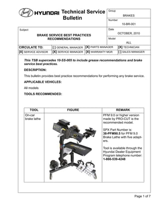 Page 1 of 7
Technical Service
Bulletin
Subject
Group
Number
Date
Model
CIRCULATE TO: [ ] GENERAL MANAGER
[X] SERVICE MANAGER[X] SERVICE ADVISOR [X] WARRANTY MGR [ ] SALES MANAGER
[X] PARTS MANAGER [X] TECHNICIAN
BRAKES
10-BR-001
OCTOBER, 2010
ALL
BRAKE SERVICE BEST PRACTICES
RECOMMENDATIONS
This TSB supercedes 10-SS-005 to include grease recommendations and brake
service best practices.
DESCRIPTION:
This bulletin provides best practice recommendations for performing any brake service.
APPLICABLE VEHICLES:
All models
TOOLS RECOMMENDED:
TOOL FIGURE REMARK
On-car
brake lathe
PFM 9.0 or higher version
made by PRO-CUT is the
recommended model.
SPX Part Number is:
38-PFM90.5 for PFM 9.0
Brake Lathe with five adapt-
ers.
Tool is available through the
Hyundai Dealer Equipment
Program telephone number:
1-866-539-4248
 