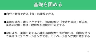 34
基礎を固める
自分で発音できる「音」は理解できる
英語を読む・書くことですら、頭のなかで「生きた英語」が流れ、
英語の記憶・蓄積・理解が加速度的に向上する
なにより、英語に対する心理的な障壁や不安が和らぎ、自信を持っ
て英語コミュニケーションができ、モチベーションが更に増加する
 