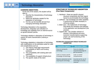 next
back
home
page
Technology Absorption
Introduction to Technology Management
BSTechMgmt
Academic Year 2020 - 2021
LEARNING OBJECTIVES:
At the end of the session, the student will be
able to:
1. Describe the characteristics of technology
absorption
2. Define the attributes needed for the
adaptation of technology
3. Put into use the benefits derived from
managing technology absorption
Technology Absorption is the acquisition,
development, integration and utilization of
knowledge and capability from an external source
as agreed between parties.
Technology adoption is absorption of technology in
exactly the same characteristics (nothing is
change).
Technology adaptation is absorption of technology
with modifications on the attributes suited for used
and considerations such as
1. The need to meet legal requirements
2. The suitability of NGO’s and funding
institution
3. The compatibility with existing plant and
machinery
4. The availability of support infrastructure
5. The specific needs of the client
STRUCTURE OF TECHNOLOGY ABSORPTION
(Four Basic Components)
1. Hardware – these are specific physical
structure components and their logical
layout to accommodate the technology
2. Software – the knowledge and skills capability
in performing the tasks necessary in
achieving targets.
3. Brain ware – the implements of technology
that blends the hardware and software
in the application and development (the
process)
4. Support Net – the complex network of
physical. Informational and socio-
economic transformations supporting
proper use and functioning of the
technology.
TECHNOLOGY ACQUISITION VERSUS TECHNOLOGY
ABSORPTION
Acquisition (Before) Absorption (After)
Focus on owning the
technology
Focus on using the
acquired technology (to
get the benefits)
Leads to company specific
knowledge and advantage
Leads to market
competitiveness
Requires substantial cost for
acquiring the technology
Incurred cost for use of
technology to increase
revenues
 