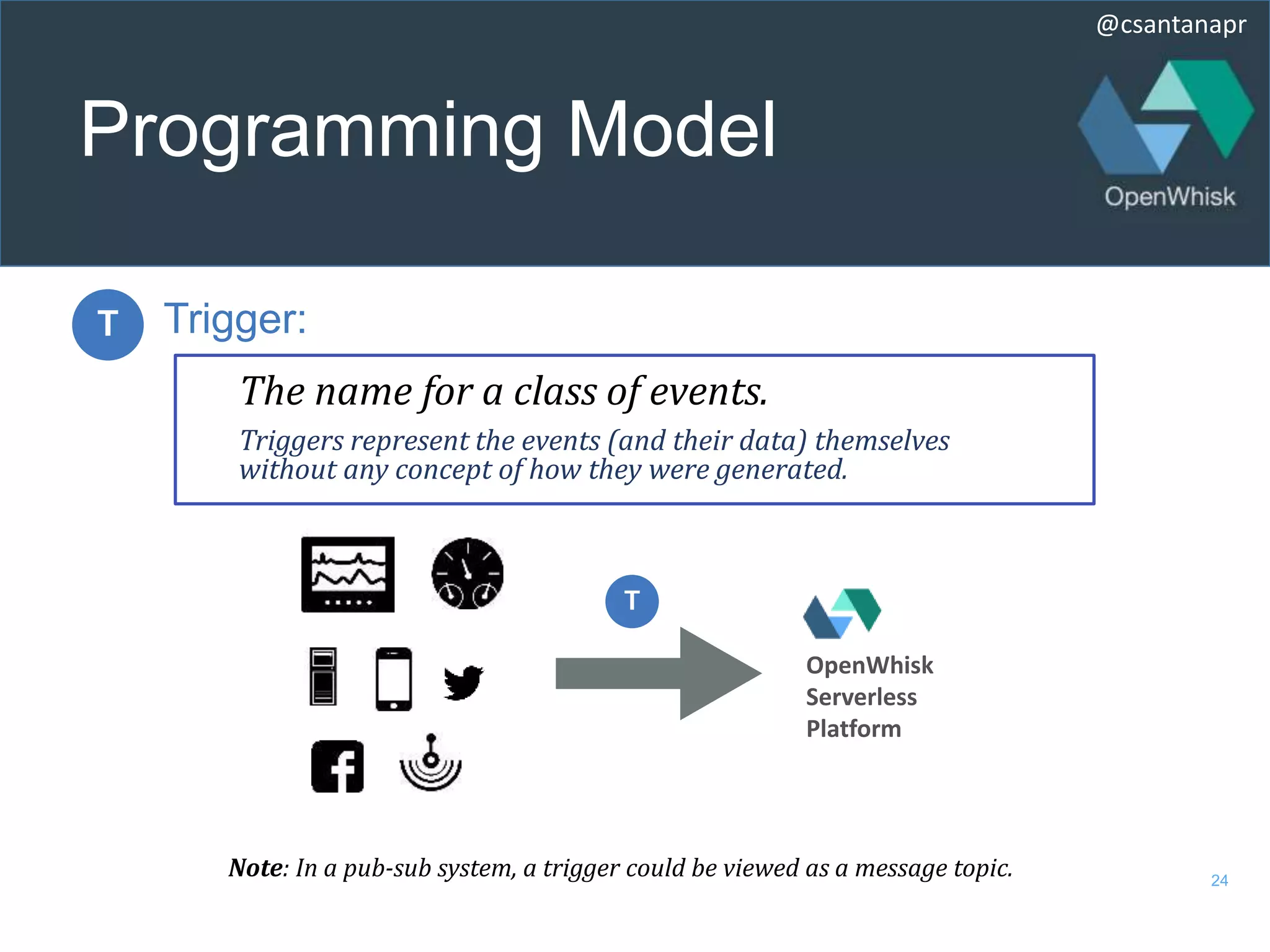 @csantanapr
Programming Model
24
Trigger:
Note: In a pub-sub system, a trigger could be viewed as a message topic.
The name for a class of events.
Triggers represent the events (and their data) themselves
without any concept of how they were generated.
OpenWhisk
Serverless
Platform
 
