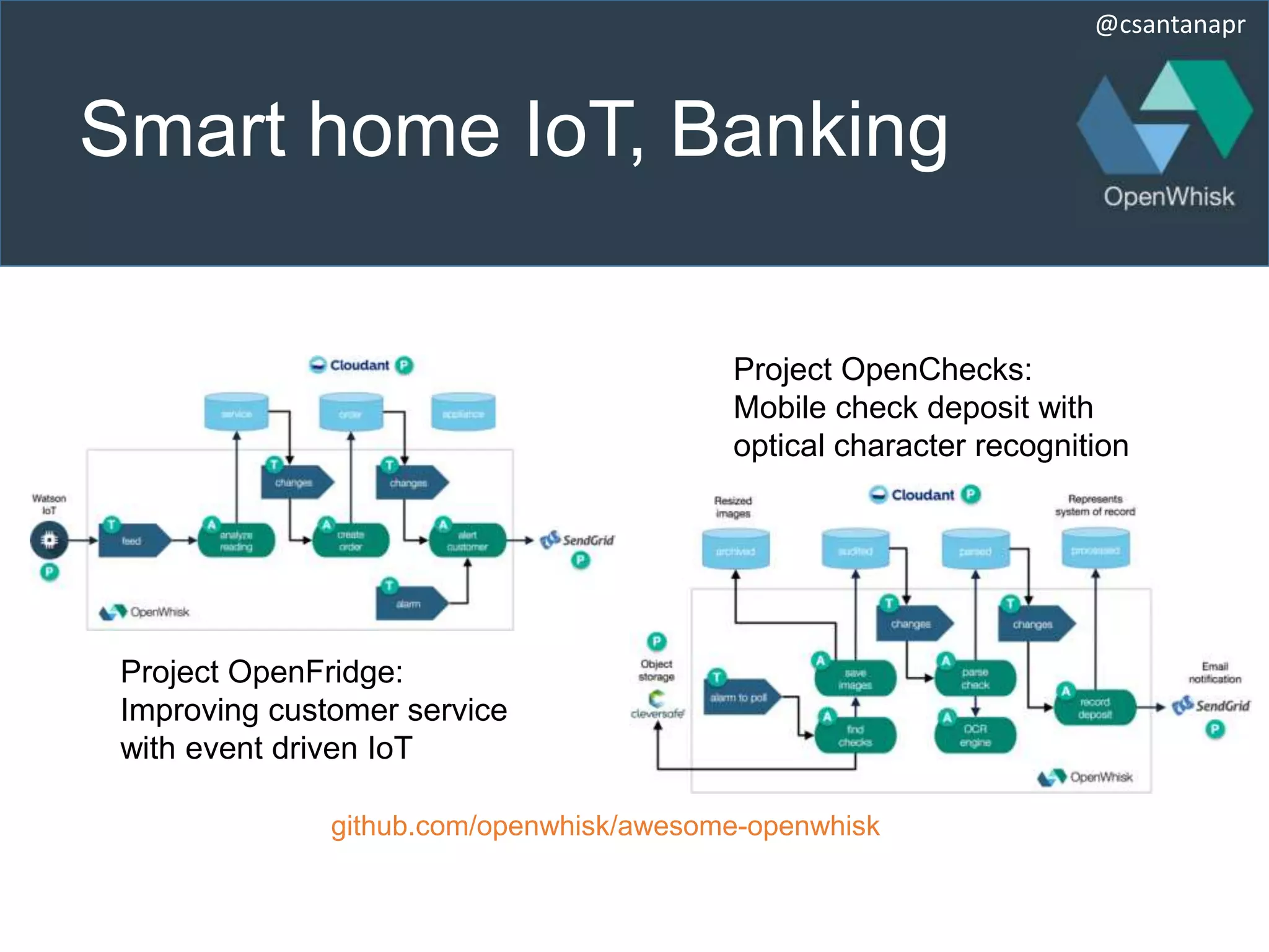 @csantanapr
Smart home IoT, Banking
github.com/openwhisk/awesome-openwhisk
Project OpenFridge:
Improving customer service
with event driven IoT
Project OpenChecks:
Mobile check deposit with
optical character recognition
 