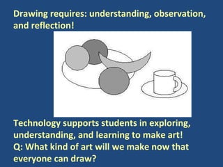 Drawing requires: understanding, observation, and reflection!  Technology supports students in exploring, understanding, and learning to make art!  Q: What kind of art will we make now that everyone can draw? 