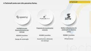 A Techmall conta com três parceiros fortes.
Inteligência para
desenvolvimento das
startups
R$870K investidos
+
Equipe de aceleração
Programa de investimento
semente
R$500K investidos
+
Investimentos adicionais
nas startups
Melhor infraestrutura de
aceleração na América
Latina
R$408K investidos
+
Infraestrutura
A Techmall
 