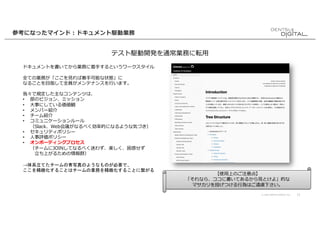 © 2020 DENTSU DIGITAL Inc. 12
ドキュメントを書いてから業務に着⼿するというワークスタイル
全ての業務が「ここを⾒れば着⼿可能な状態」に
なることを⽬指して全員がメンテナンスを⾏います。
我々で規定した主なコンテンツは、
• 部のビジョン、ミッション
• ⼤事にしている価値観
• メンバー紹介
• チーム紹介
• コミュニケーションルール
（Slack、Web会議がなるべく効率的になるような気づき）
• セキュリティポリシー
• ⼈事評価ポリシー
• オンボーディングプロセス
（チームにJOINしてなるべく迷わず、楽しく、困惑せず
⽴ち上がるための情報群）
→体系立てたチームの青写真のようなものが必要で、
ここを精緻化することはチームの業務を精緻化することに繋がる
参考になったマインド︓ドキュメント駆動業務
テスト駆動開発を通常業務に転⽤
【使⽤上のご注意点】
「それなら、ココに書いてあるから⾒とけよ」的な
マサカリを投げつける⾏為はご遠慮下さい。
 