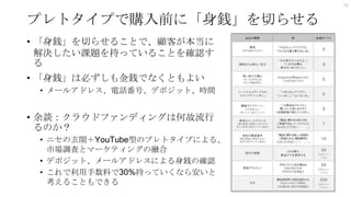 プレトタイプで購入前に「身銭」を切らせる
• 「身銭」を切らせることで、顧客が本当に
解決したい課題を持っていることを確認す
る
• 「身銭」は必ずしも金銭でなくともよい
• メールアドレス、電話番号、デポジット、時間
• 余談：クラウドファンディングは何故流行
るのか？
• ニセの玄関＋YouTube型のプレトタイプによる、
市場調査とマーケティングの融合
• デポジット、メールアドレスによる身銭の確認
• これで利用手数料で30%持っていくなら安いと
考えることもできる
16
 