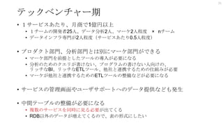 テックベンチャー期
• １サービスあたり、月商で1億円以上
• １チームの開発者25人、データ分析2人、マーケ2人程度 × nチーム
• データインフラ専門が2人程度（サービスあたり0.5人程度）
• プロダクト部門、分析部門とは別にマーケ部門ができる
• マーケ部門を前提としたツールの導入が必要になる
• 分析のためのクエリが書けない、プログラムの書けない人向けの、
リッチなBI、リッチなETLツール、他社と連携するための仕組みが必要
• マーケが他社と連携するためのETLツールの整備などが必要になる
• サービスの管理画面やユーザサポートへのデータ提供なども発生
• 中間テーブルの整備が必要になる
• 複数のサービスを同時に見る必要が出てくる
• RDB以外のデータが増えてくるので、表の形式にしたい
25
 